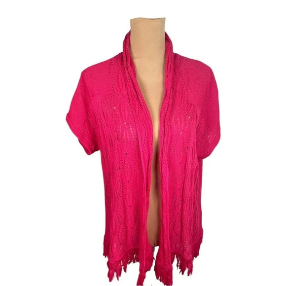 🩷 Ruby Red‎ Pink Crocheted Cardigan Large - Picture 1 of 6